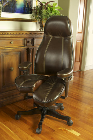 Ultimate Executive high-back Core-flex in Mocha/Black two-tone Stone Mountain leather with cream contrast stitching and black wood trim $3,740